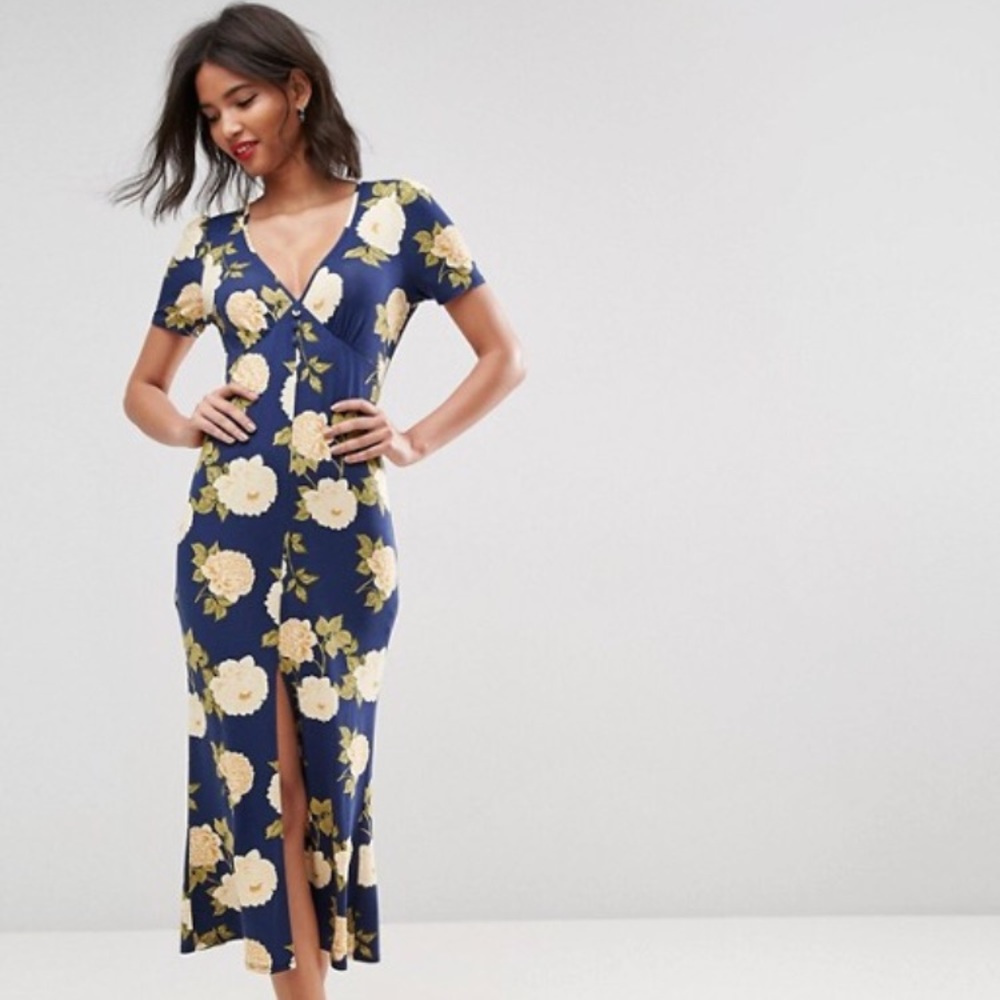 ASOS Blue Floral Maxi Tea Dress with Button Detail
